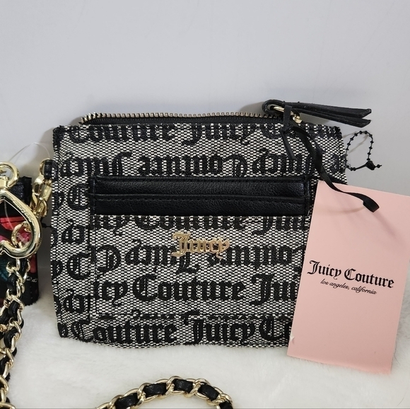Juicy Culture Black Beige Floral Wristlet Credit Card Key Chain 2 Piece Set NWT - Picture 3 of 14